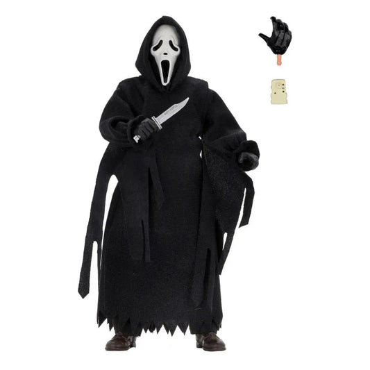 NECA Scream Figura Retro Ghostface 20 cm figure in black robe with knife; includes 2 accessories.