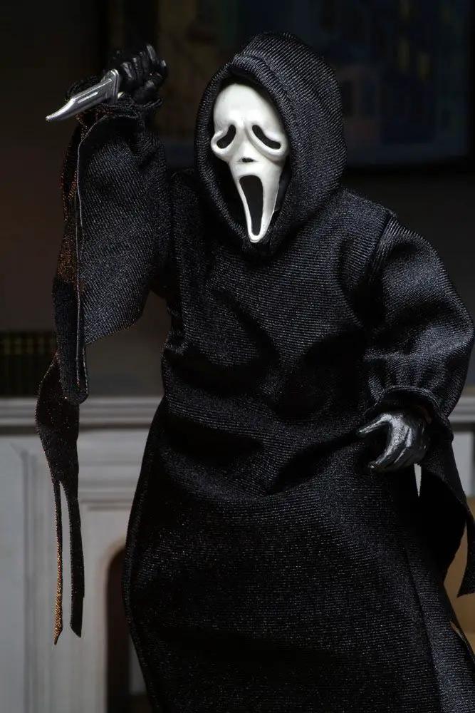 NECA Scream Figura Retro Ghostface action figure, 20 cm, black robe with white mask and knife.