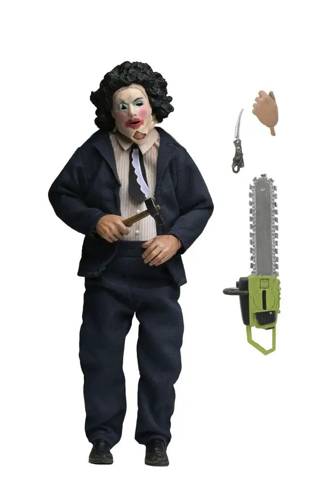 NECA Leatherface action figure, 20 cm, in a dark suit with knife; includes extra headpiece and green chainsaw accessory