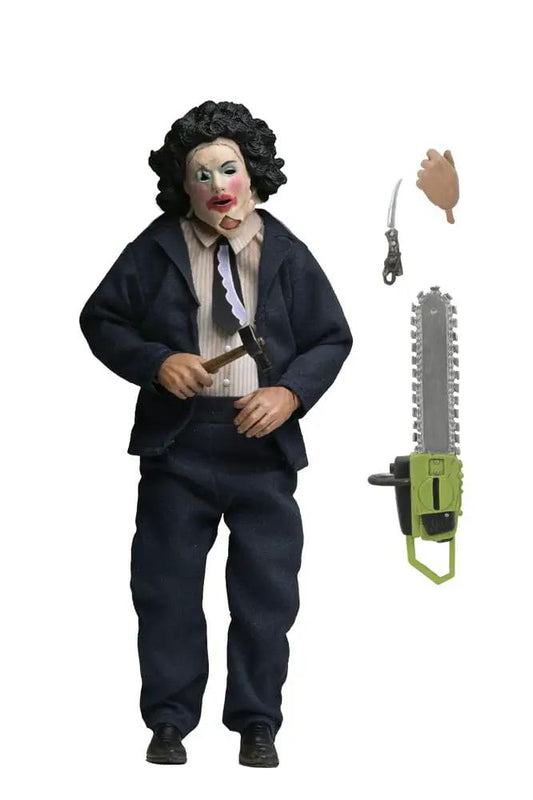 NECA Leatherface action figure, 20 cm, in a dark suit with knife; includes extra headpiece and green chainsaw accessory