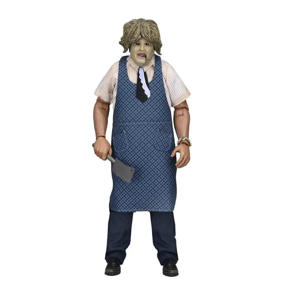 Leatherface action figure, 20 cm, with old lady mask, blue patterned apron, striped shirt, holding a cleaver.