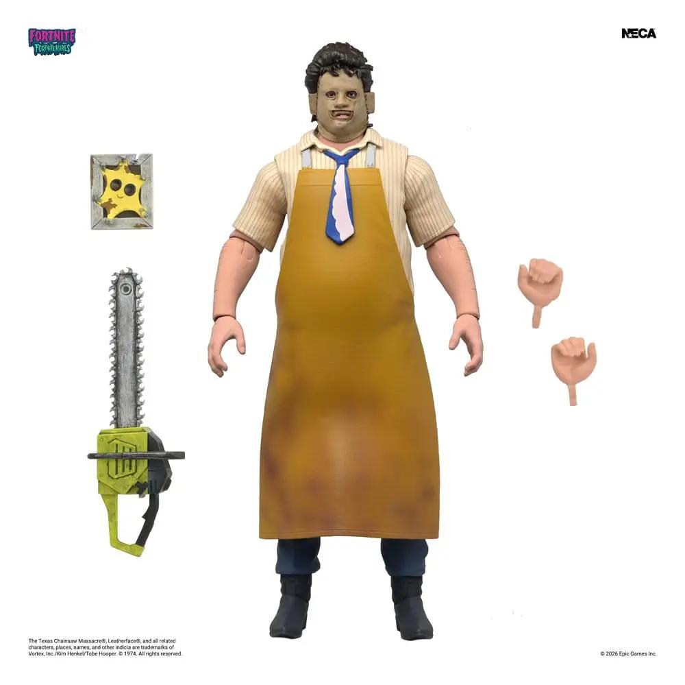 Figura de acción Leatherface de NECA (Fortnitemares), 18 cm, con mandil color mostaza, motosierra y manos intercambiables.