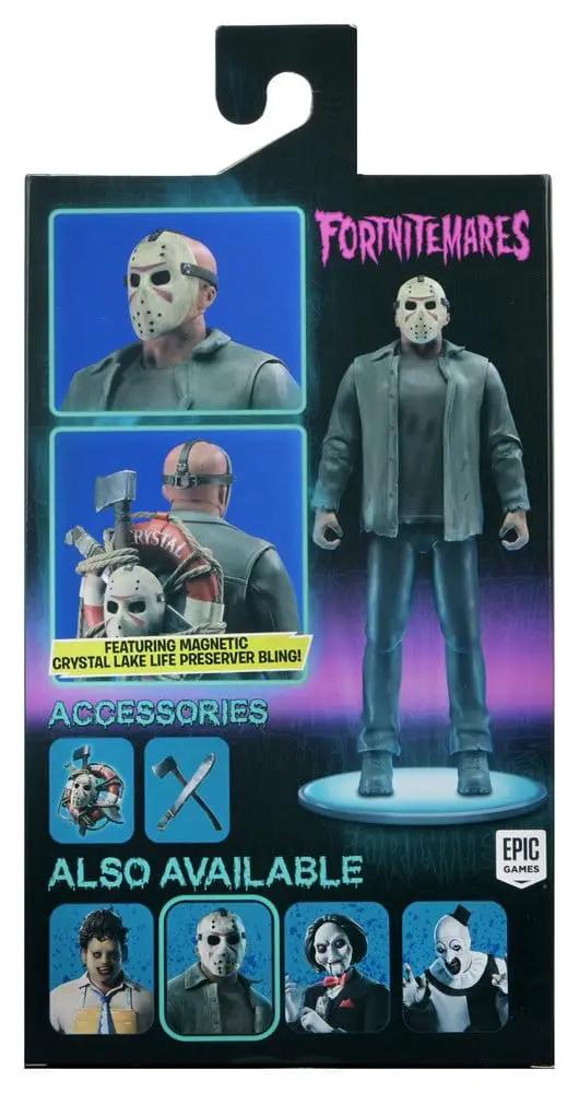 Figura de acción Jason Voorhees de Fortnite Fortnitemares, NECA, 18 cm, en caja; máscara blanca y vestimenta oscura.