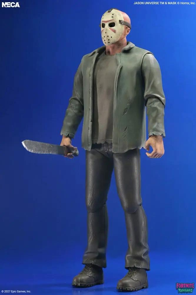 Figura de acción NECA Jason Voorhees Fortnite Fortnitemares, 18 cm, con máscara blanca, chaqueta verde y machete.