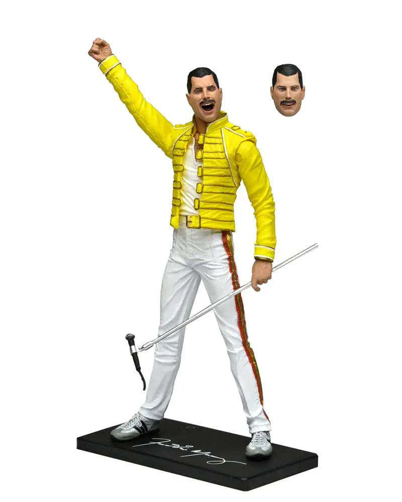 NECA Freddie Mercury action figure, 18 cm, yellow jacket with white pants, includes 2 heads and mic stand.
