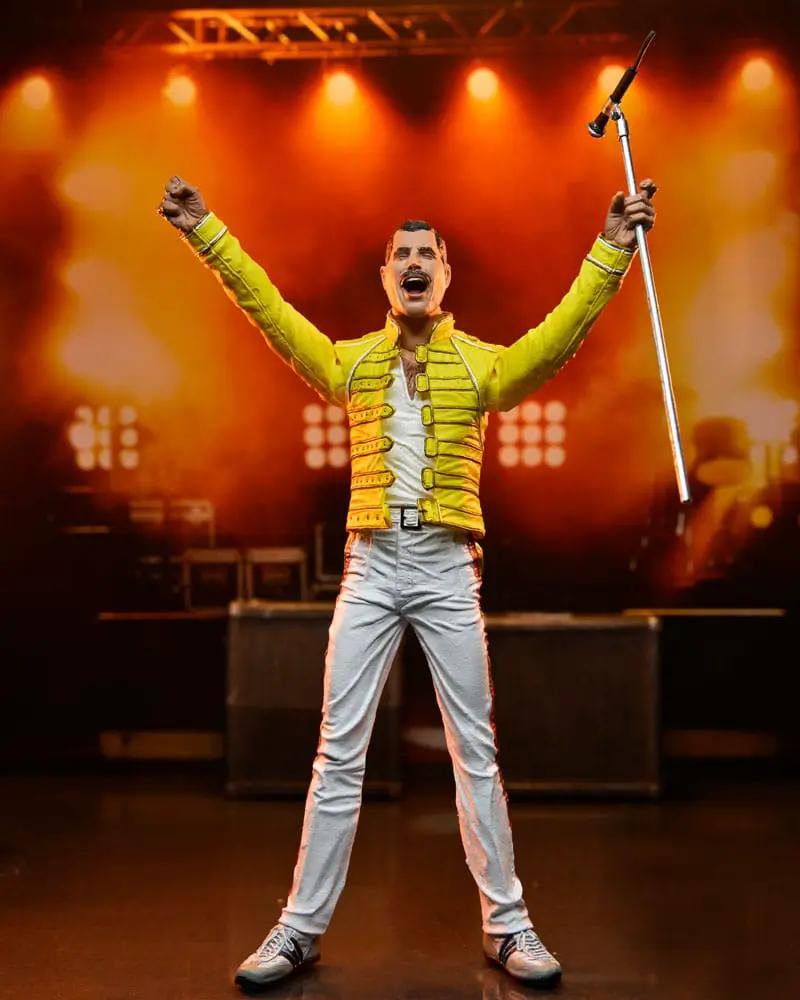 Freddie Mercury action figure by NECA, 18 cm, yellow jacket with microphone stand.