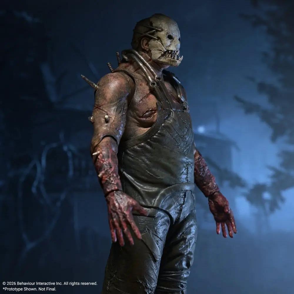 Figura de acción Trapper de Dead by Daylight, NECA, 18 cm, con máscara intimidante y delantal de cuero oscuro.