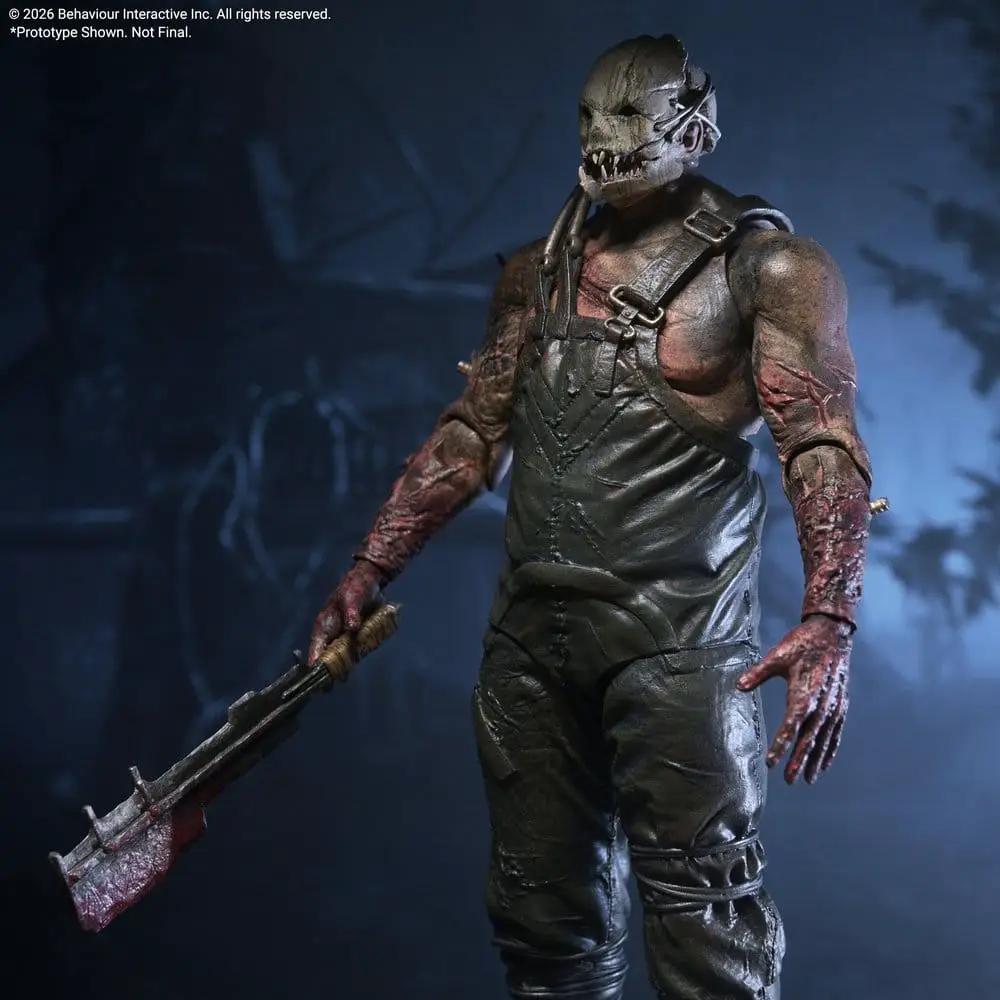 Figura Trapper de Dead by Daylight, NECA, 18 cm; figura de acción con overol de cuero y arma sangrienta.
