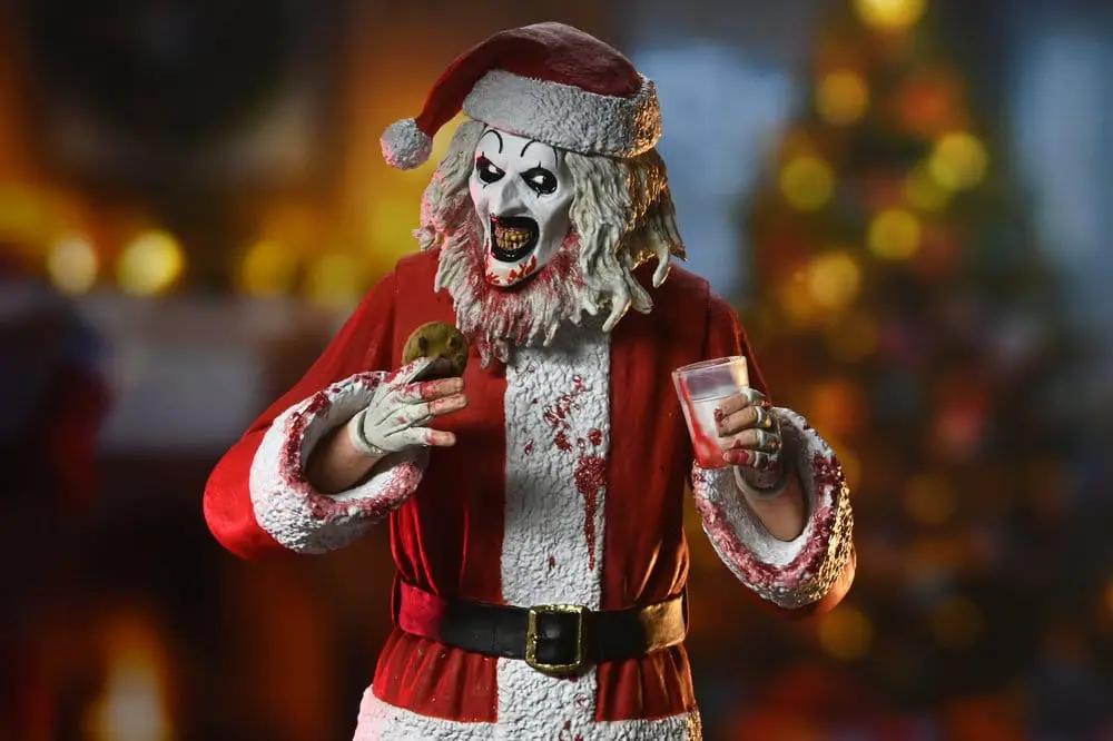 Terrifier 3 Figura Ultimate Santa Suit Art the Clown Bloody Version by NECA, red Santa outfit with white fur, holding a cup