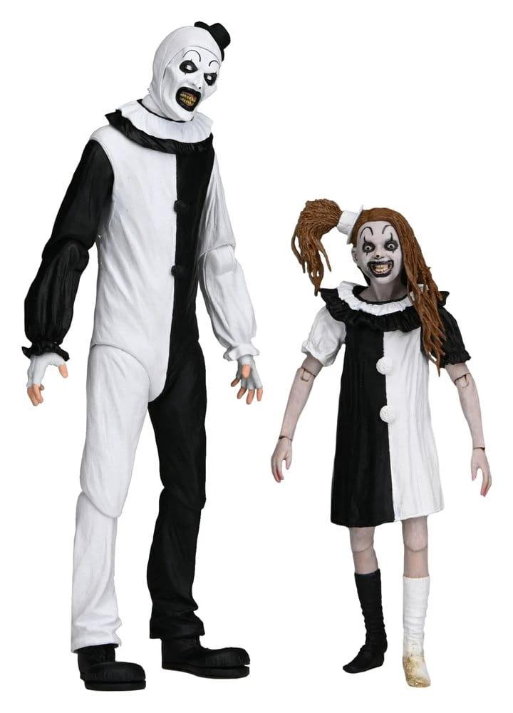 Terrifier 2 2-pack action figures: Art the Clown & Little Pale Girl, NECA, 18 cm, black-and-white outfits