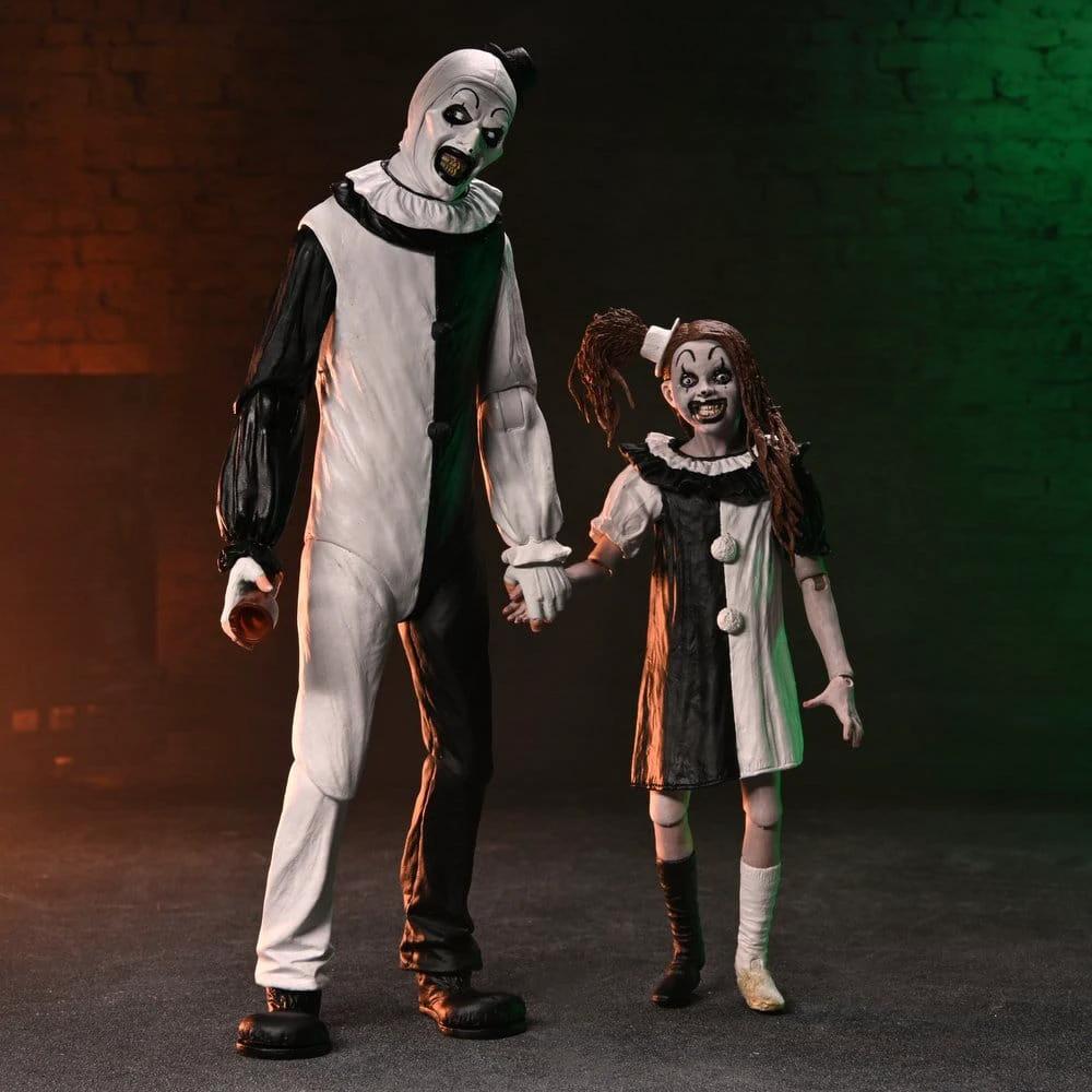 NECA Terrifier 2 2-pack Ultimate Art the Clown & Little Pale Girl action figures, 18 cm, black-and-white outfits.