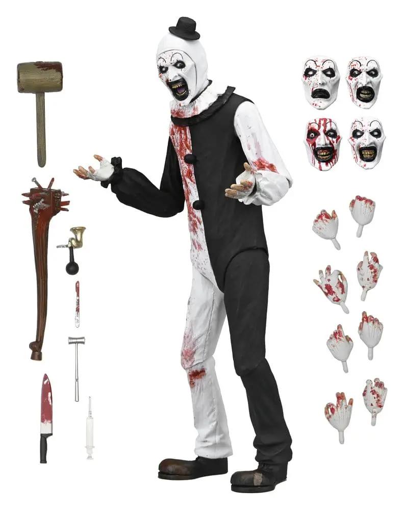 NECA Terrifier 2 Art the Clown action figure, blood-splattered white/black suit, 18 cm, with accessories and masks.
