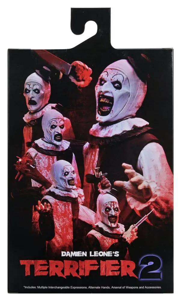 NECA Terrifier 2 Art the Clown action figure packaging with blood-splattered clown artwork