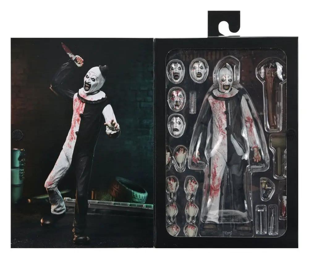 NECA Terrifier 2 Art the Clown 18 cm action figure with blood-splattered outfit and multiple accessories