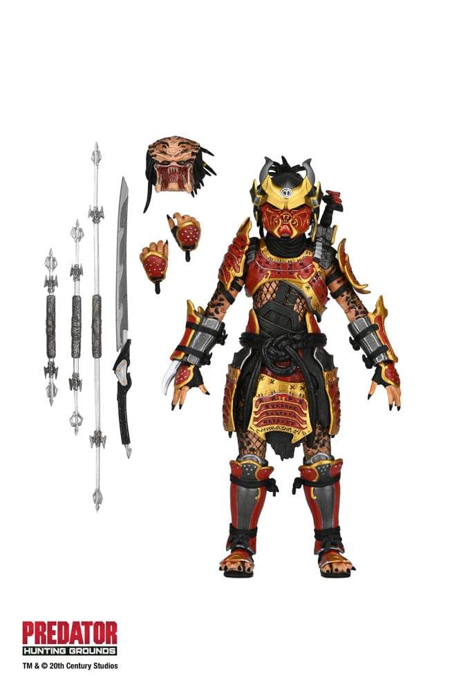 NECA Predator Ultimate Samurai action figure from Predator: Hunting Grounds, 17 cm, red-gold armor with accessories.