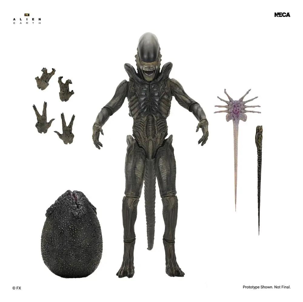 NECA Alien Earth Ultimate Xenomorph 18 cm action figure with multiple interchangeable hands, egg pod, and accessories