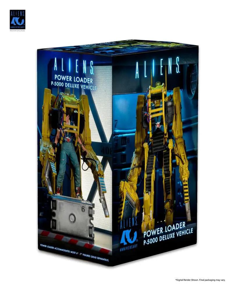 NECA Aliens Power Loader P-5000 Deluxe Vehicle action figure on blue packaging; yellow exoskeleton, 28 cm