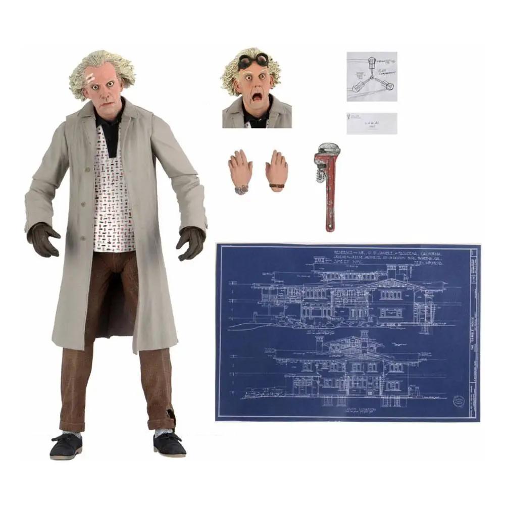 Figura de acción Doc Brown Ultimate de Regreso al Futuro, NECA, 18 cm, con abrigo beige y accesorios.
