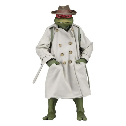 NECA Tortugas Ninja Raphael 1/4 figura de acción con gabardina beige, sombrero y máscara roja