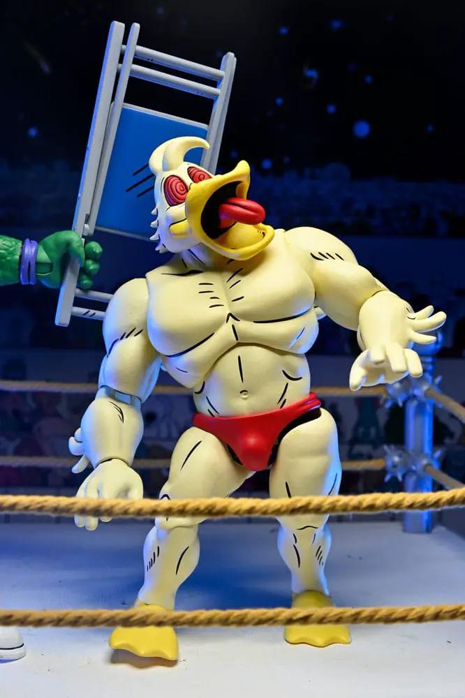 NECA Ace Duck action figure 18 cm; Archie TMNT, yellow duck wrestler in red trunks holding a chair in a wrestling ring