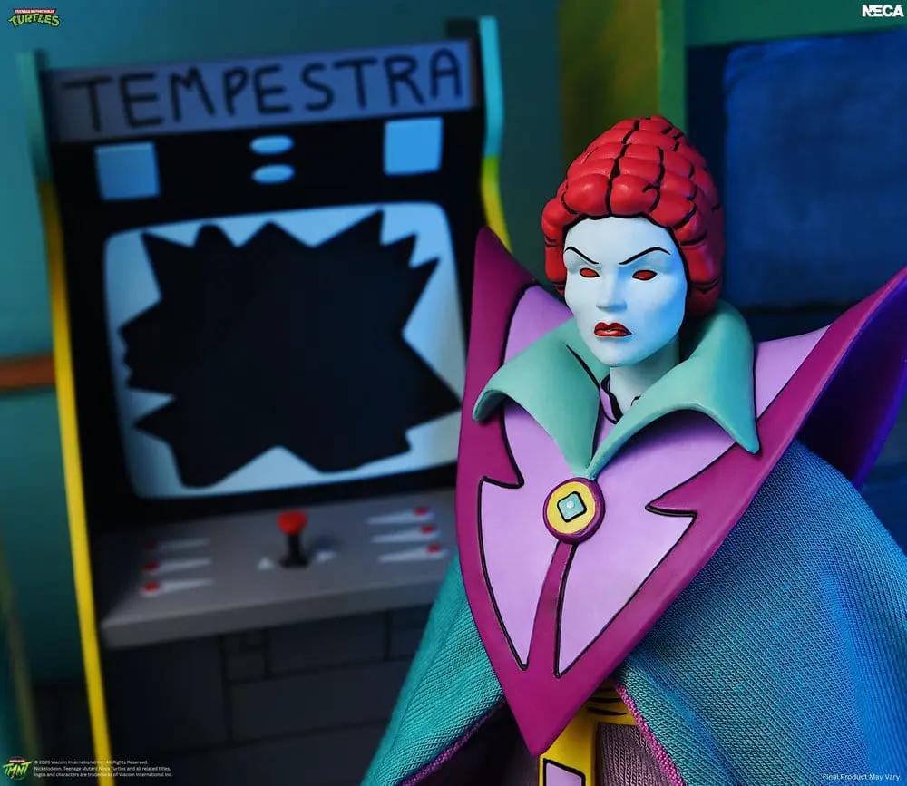 Figura de acción Tempestra NECA 18 cm de Las Tortugas Ninja (1987), con capa morada y vestuario rosa.