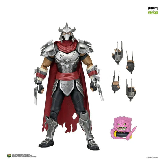 Figura de acción NECA Shredder TMNT x Fortnite, 18 cm, con armadura plateada, capa roja y manos intercambiables; accesorio cabeza de monstruo rosa.