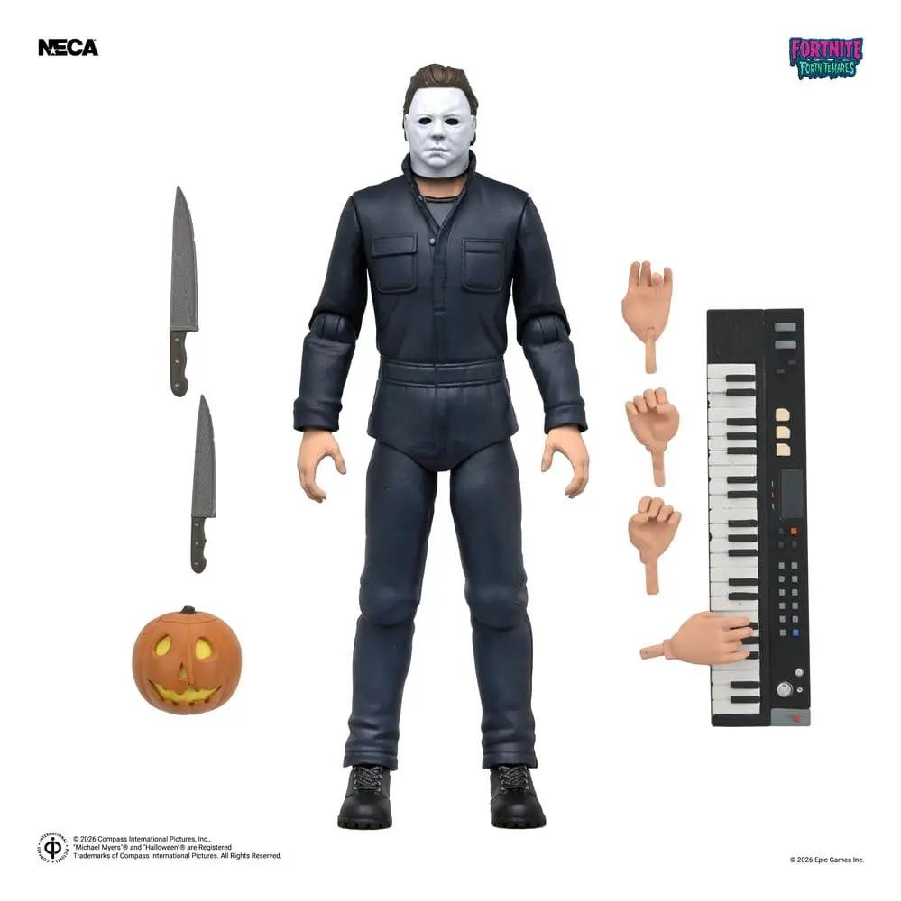 Figura de acción Michael Myers NECA Fortnitemares 18 cm, con 2 cuchillos, manos intercambiables, calabaza y teclado.