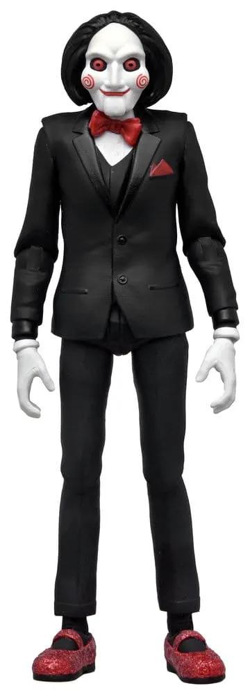 Figura de acción NECA Billy the Puppet, 18 cm, Fortnitemares para Fortnite; esmoquin negro, cara blanca y lazo rojo.