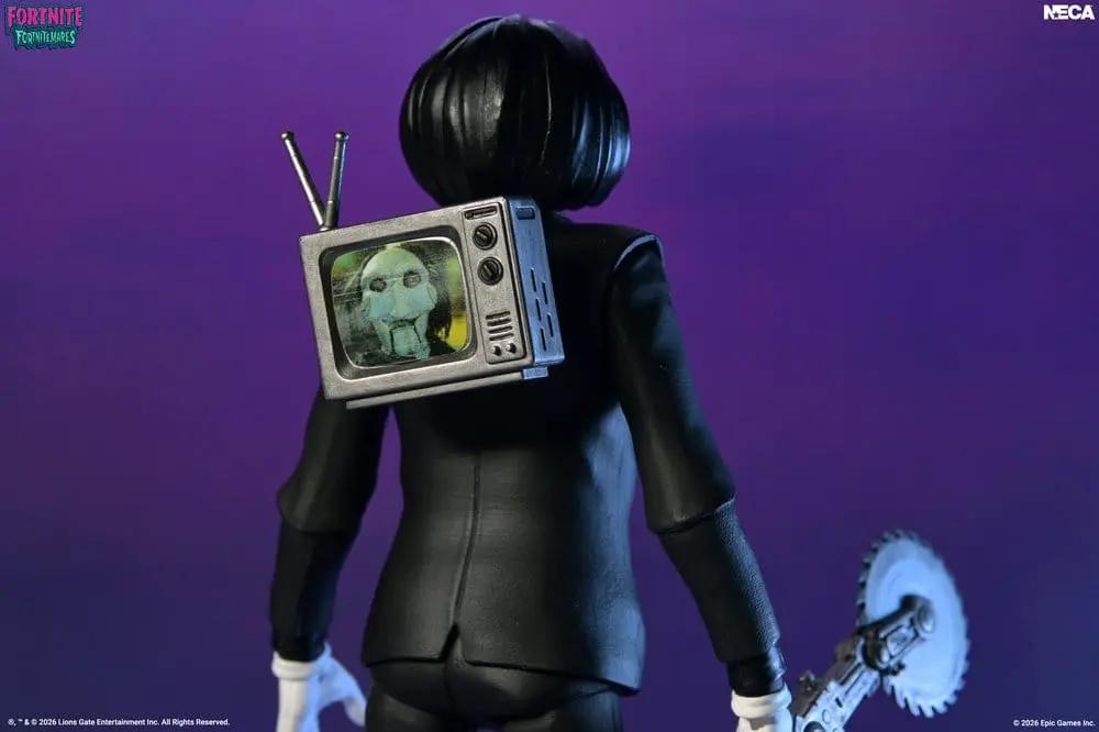 Figura de acción NECA Fortnitemares Billy the Puppet, 18 cm, Fortnite, traje negro con televisor en la espalda
