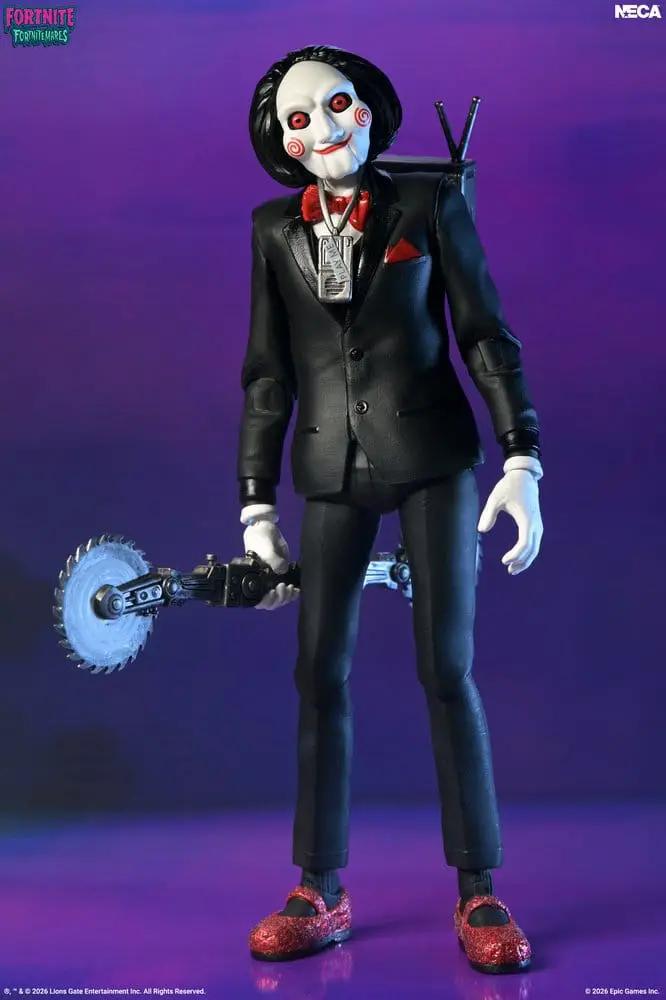 Figura de acción NECA Billy the Puppet Fortnitemares, 18 cm, traje negro con lazo rojo y sierra circular como accesorio