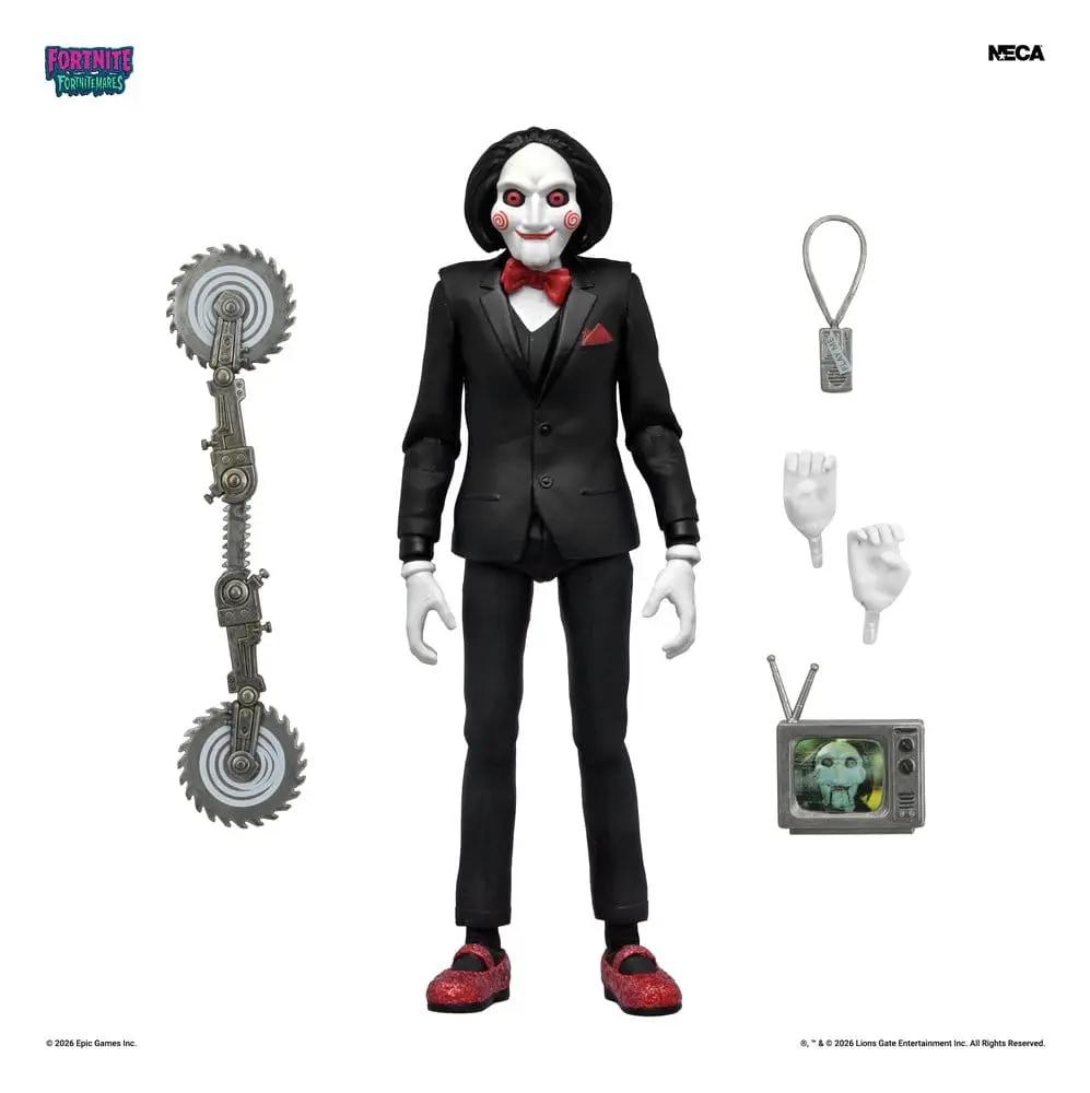 Figura de acción Billy the Puppet SAW de NECA, Fortnitemares, 18 cm, con sierra, manos intercambiables, colgante y mini televisor