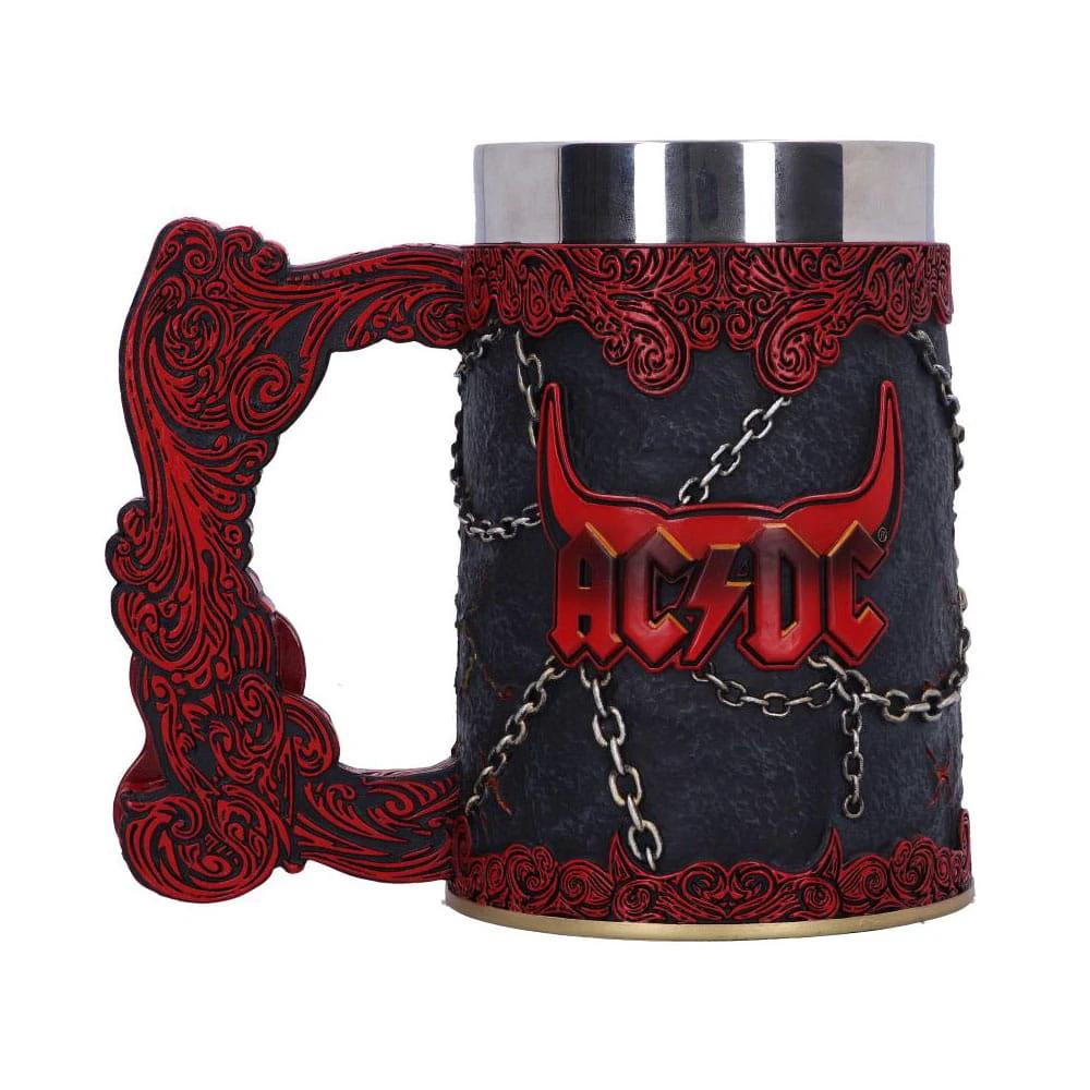 AC/DC Jarro Bells 15 cm tankard by Nemesis Now; black textured mug with red ornate handle and chains, AC/DC logo.