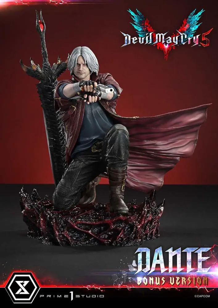 Estatua 1/6 Dante de Devil May Cry 5 por PRIME 1 STUDIO, Bonus Ver., con capa roja y espada negra, base oscura.