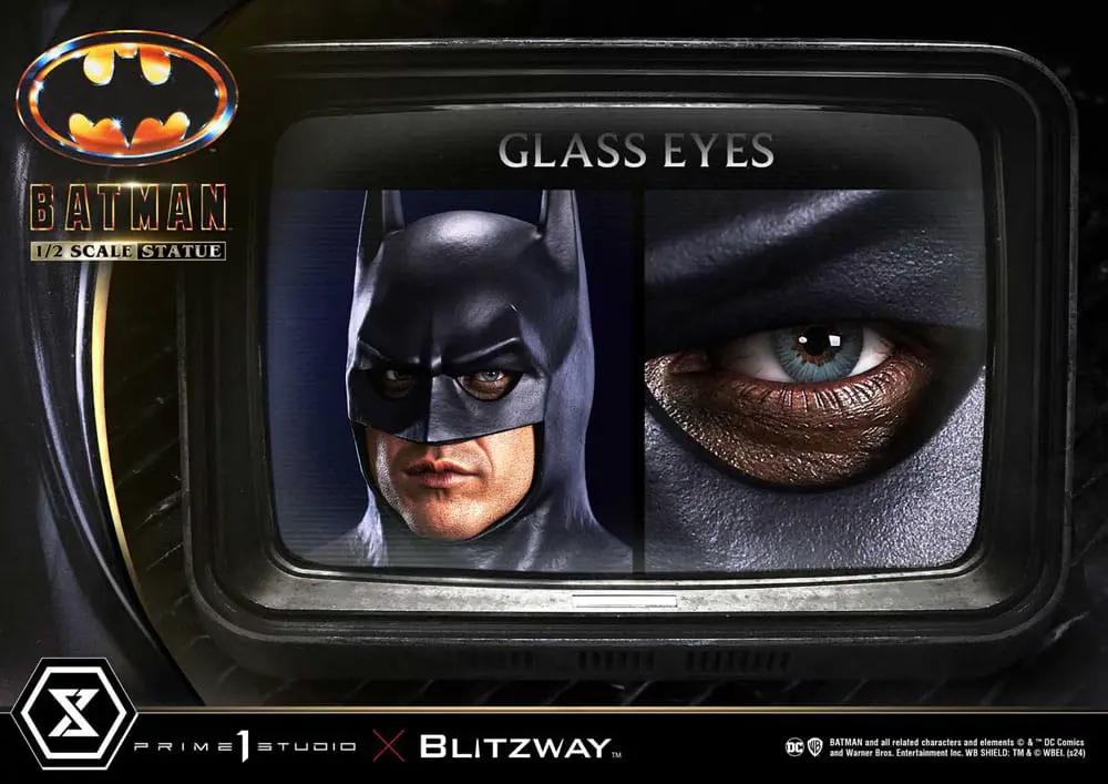 Batman 1/2 scale statue packaging by Blitzway, glass eyes display, Batman logo on left.