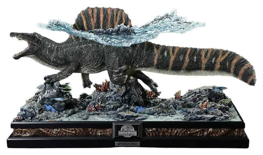 Estatua Spinosaurus 1/15 de Jurassic World: El Renacer, PRIME 1 STUDIO, 39 cm, oscura con rayas naranja