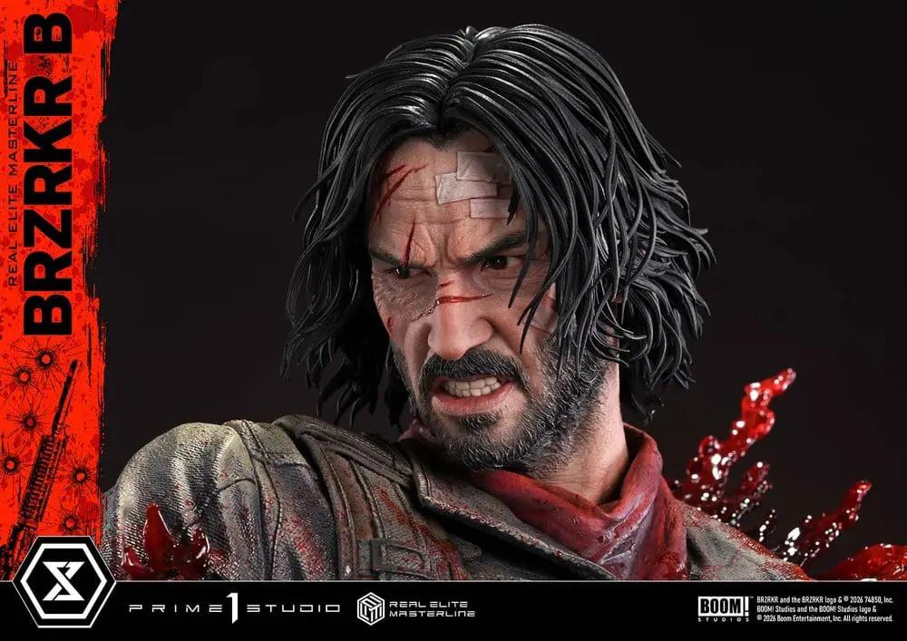 BRZRKR Real Elite Masterline 1/4 statue, 69 cm, dark-haired figure with blood-splattered armor; Prime 1 Studio branding.