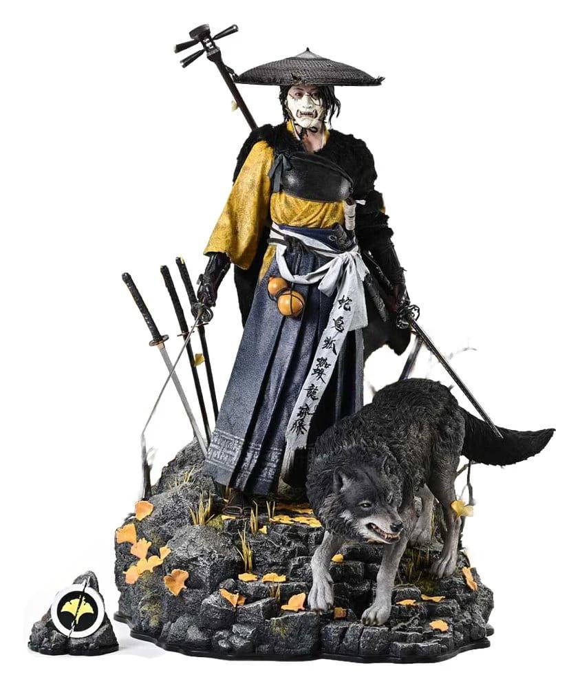 Ghost of Yotei Real Elite Masterline 1/4 Atsu DX statue, 59 cm; samurai ghost in yellow-blue robes with gray wolf