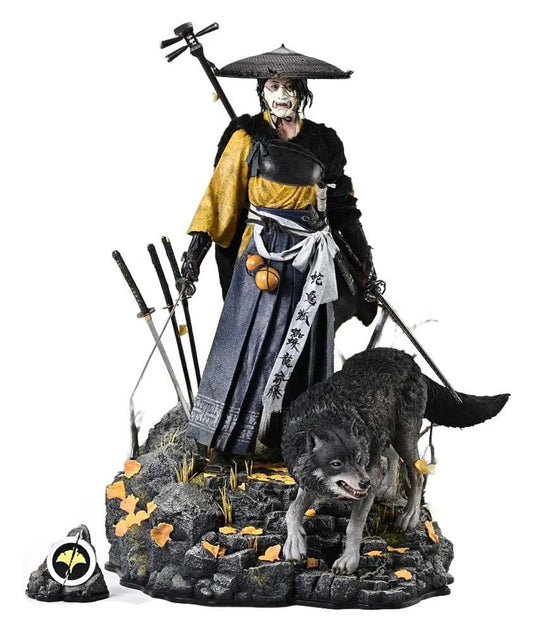 Ghost of Yotei Real Elite Masterline 1/4 Atsu DX statue, 59 cm; samurai ghost in yellow-blue robes with gray wolf