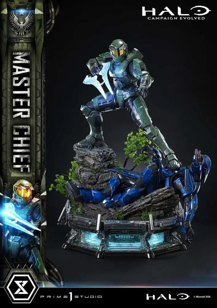 Estatua Halo 1/4 Master Chief de PRIME 1 STUDIO, Campaign Evolved, base rocosa con figura azul caída, 78 cm