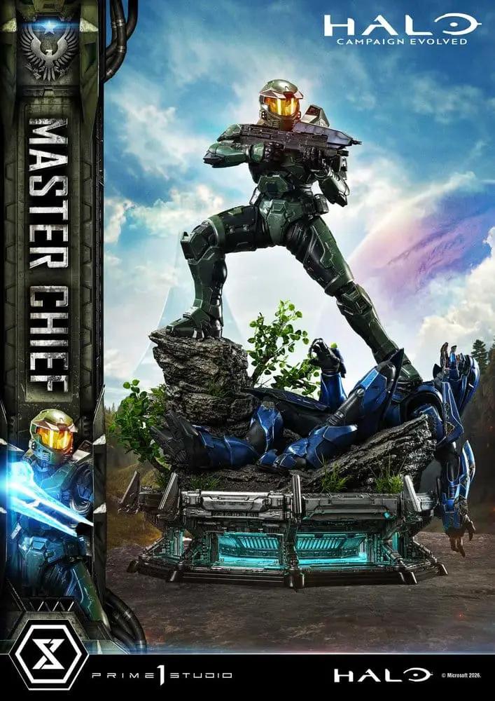 Halo Master Chief premium statue 1/4 scale by Prime 1 Studio, green armor on rocky base with blue Spartan.