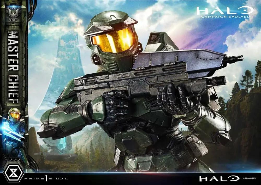 Figura de acción Halo Master Chief 1/4 escala, Prime 1 Studio, verde militar con rifle y visor ámbar.