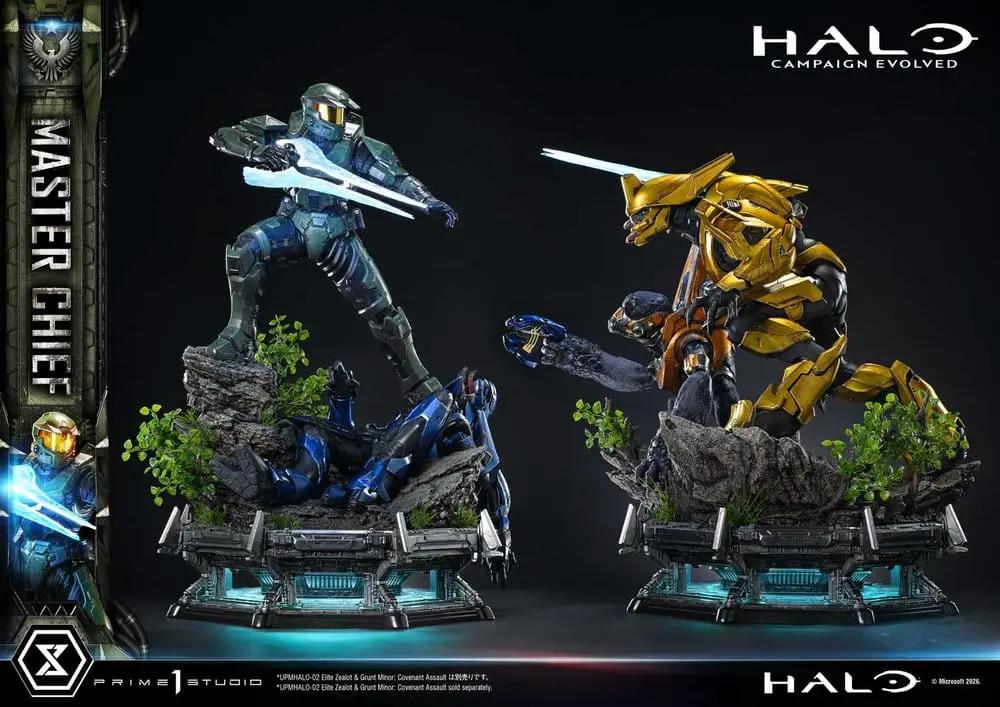 Halo Master Chief 1/4 statue diorama by PRIME 1 STUDIO, 2 figures green Master Chief and gold Spartan on rocky bases