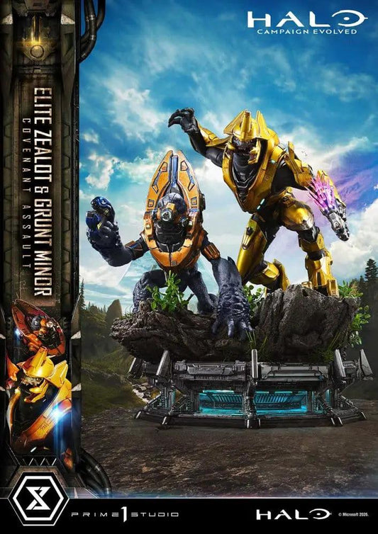 Figura de acción Halo Campaign Evolved 1/4 Elite Zealot y Grunt Covenant en base rocosa, PRIME 1 STUDIO, 81 cm