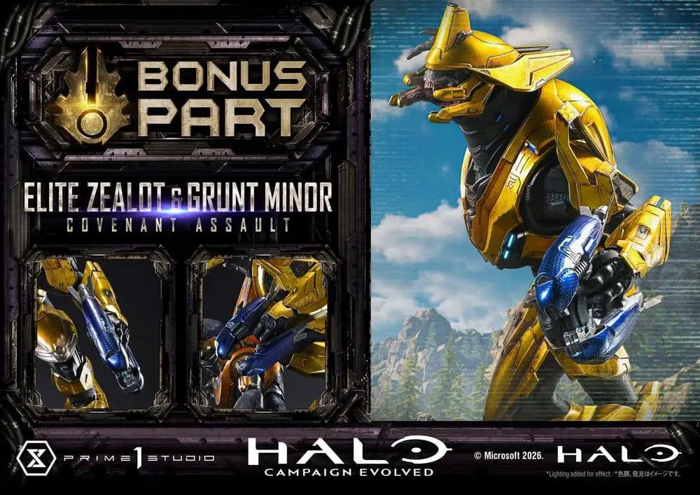 Halo Campaign Evolved Elite Zealot & Grunt Minor statue by Prime 1 Studio; two gold Covenant figures, 81 cm tall.