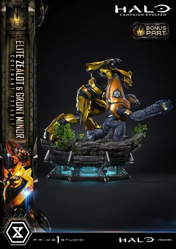 Prime 1 Studio Halo Campaign Evolved two-figure statue, Elite Zealot & Grunt, 1/4 scale, gold armor on rocky base
