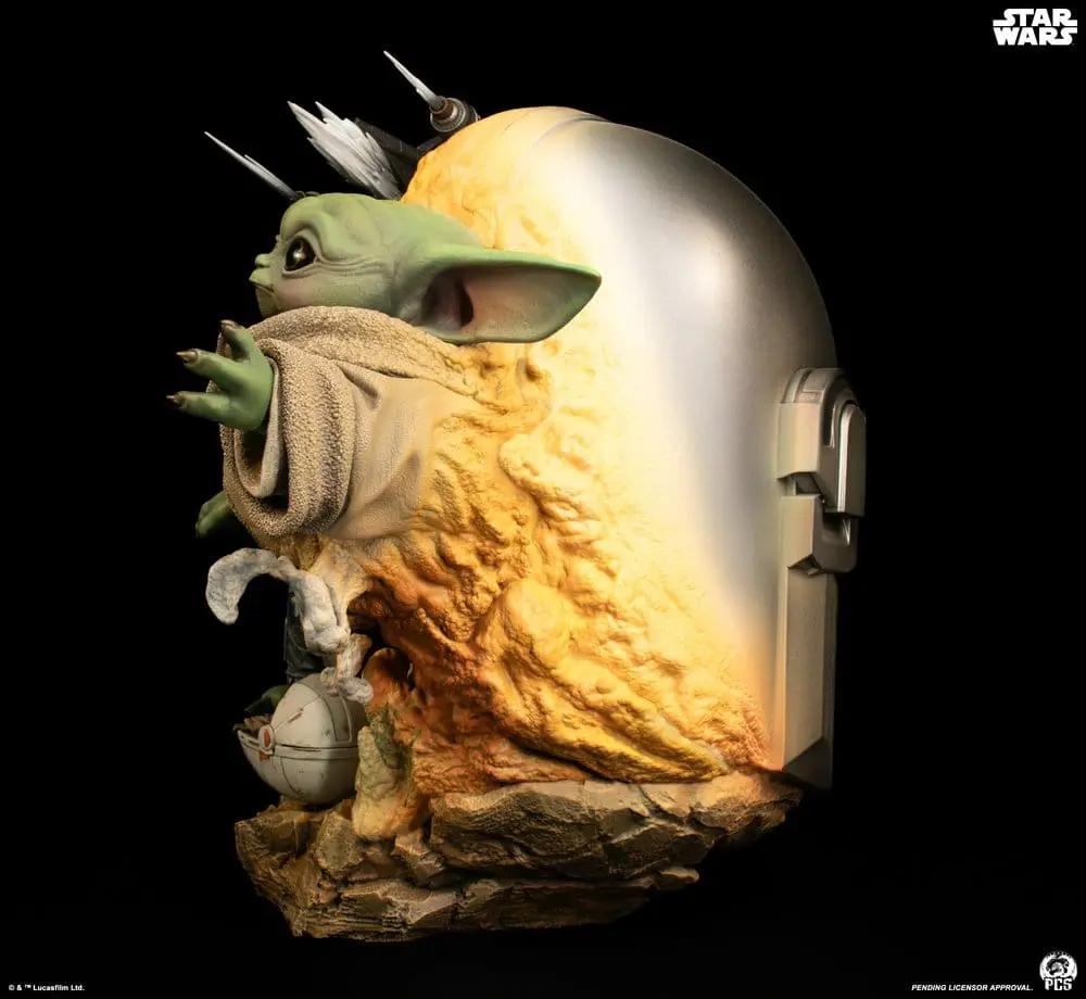 Star Wars Mandalorian bust fine art statue featuring Grogu on a rocky, sandy base; 41 cm, by Premium Collectibles Studio