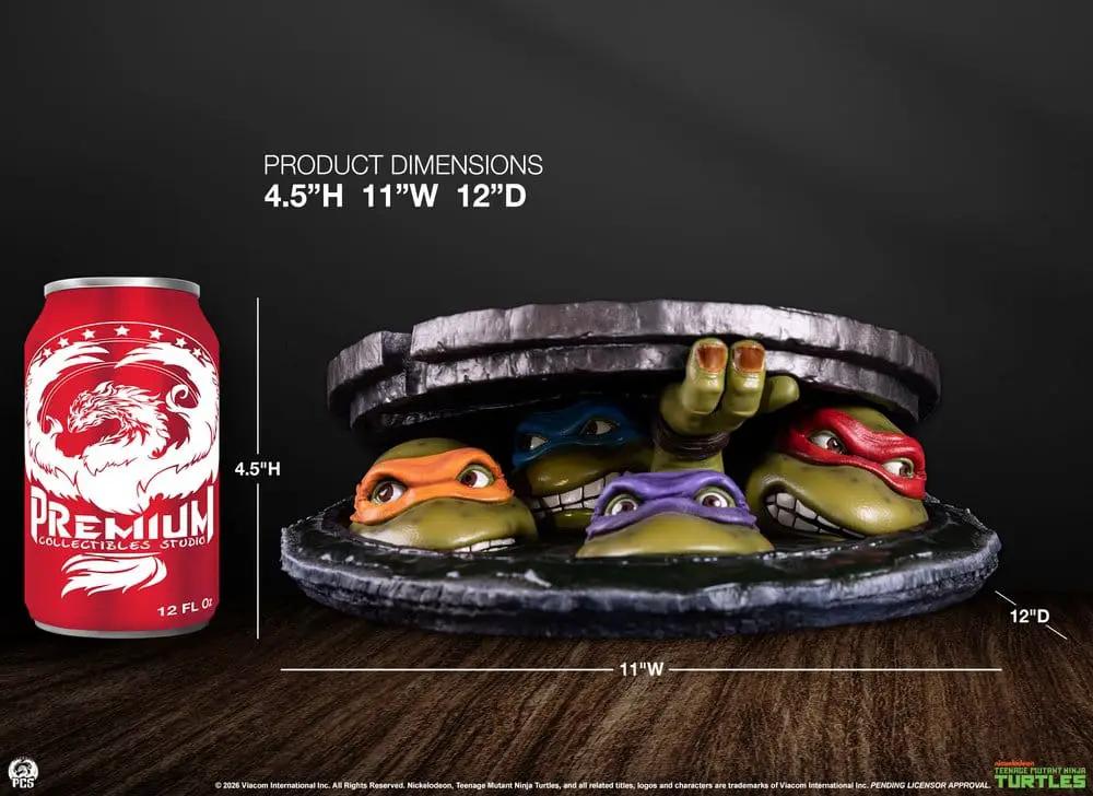 Tortugas Ninja Tabletop 1/4 11 cm diorama by Premium Collectibles Studio, 4 TMNT turtles peeking from a stone lid.