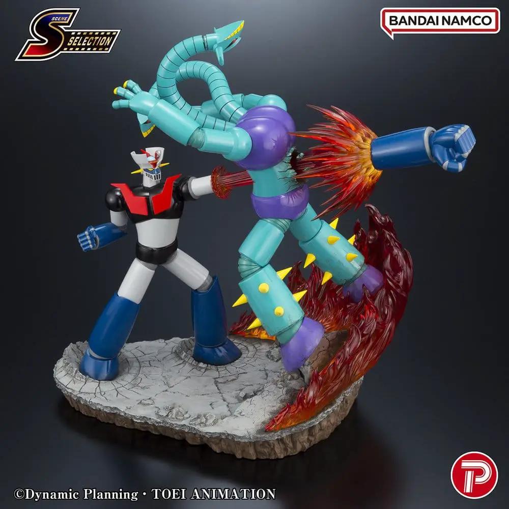 Mazinger Z figura PVC Scene Selection 03 Bandai en batalla contra monstruo turquesa con púrpura; base rocoso, 2 figuras.