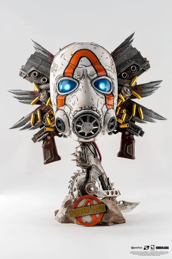 Borderlands Psycho Bandit mask replica by PURE ARTS, 46 cm tall, white mask with orange stripes and blue glowing eyes