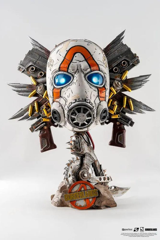 Borderlands Psycho Bandit mask replica by PURE ARTS, 46 cm tall, white mask with orange stripes and blue glowing eyes